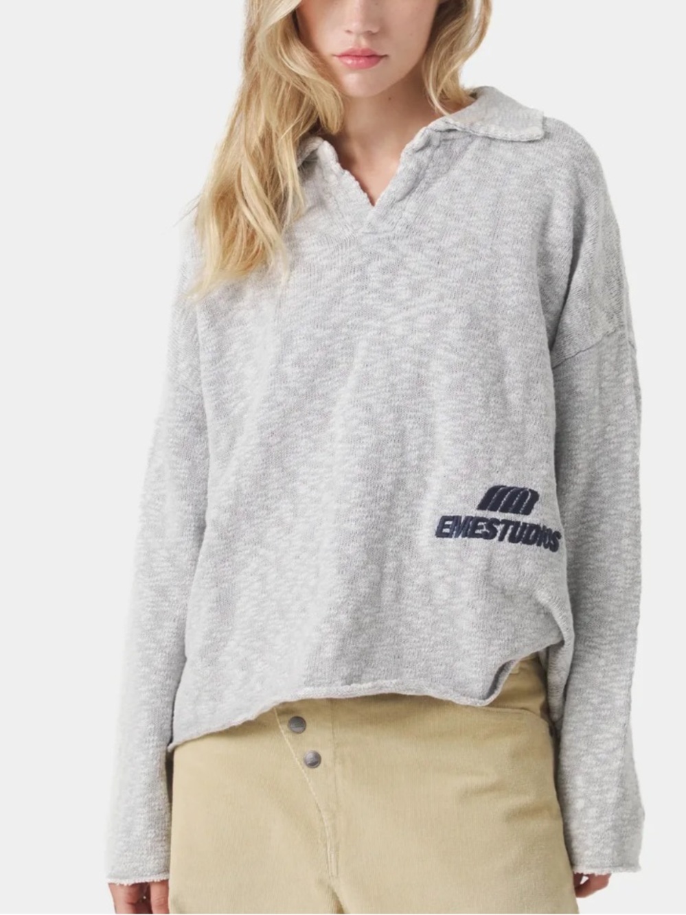 Eme Studios Kiff Distressed Knit Polo Pullover Sweater Grey Size XXL Streetwear